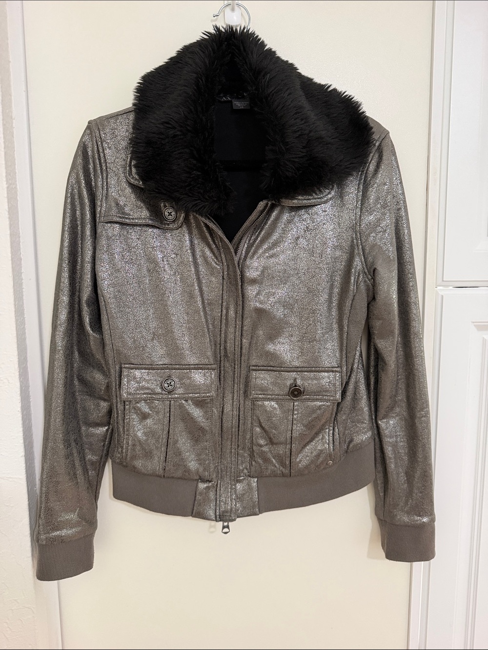 Armani Exchange Metallic Silver Bomber with Black Faux Fur Collar | L